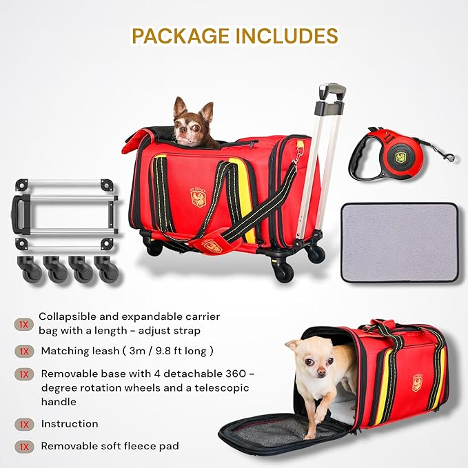 MY LEGACY Expandable Pet Carrier with Wheels & Matching Leash – Airline Compliant Cat & Small Dog Carrier, Fits Under Most Airplane Seats for In-Cabin Travel, Soft-Sided Collapsible, Pets Up to 18 lbs