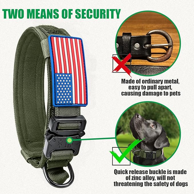 Celifelight Tactical Dog Collar, Adjustable Nylon, Heavy Duty Metal Buckle with Handle, Green, L
