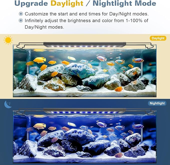 LED Aquarium Light Full Spectrum Fish Tank Light with RGB Brightness/Color Stepless Adjustment, 24/7 Day-Night Cycle Mode, Auto On/Off Timer, IP68 Waterproof (12W for 12'' - 18'' Tank)