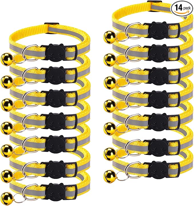 14 Pack Breakaway Cat Collar with Bell, Reflective Kitten Collar for Girl Boy Cats, Safety Buckle Adjustable 7.5-12.5 Inch, 0.4 Inch Width Lightweight, Pet Gifts (Yellow)