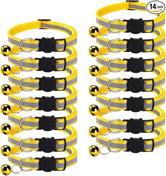 14 Pack Breakaway Cat Collar with Bell, Reflective Kitten Collar for Girl Boy Cats, Safety Buckle Adjustable 7.5-12.5 Inch, 0.4 Inch Width Lightweight, Pet Gifts (Yellow)