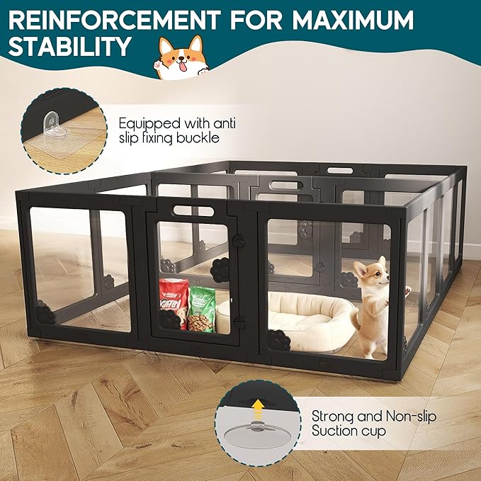 Albott Acrylic Clear Dog Playpen Indoor, Modular Puppy Cat Small Pet Play Pen with 3 Doors, Transparent Fence for Little Dogs, Cats, Rabbits, Easy Assemble and Disassemble, Black (24" H, 17 pcs)