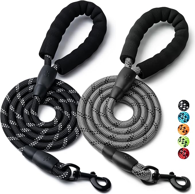 2 Pack Dog Leash, 4/5//6 FT Heavy Duty Nylon Rope Pet Leashes with Comfortable Padded Handle, Reflective Dog Leashes for Small Medium and Large Dogs (4FT-1/2,Black/Grey)