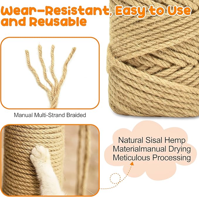98FT/30M Cat Scratching Sisal Rope, 6mm 1/4 inch Thick Natural Jute Rope for Scratch Posts, Cat Trees, DIY Projects, Sisal Rope for Cat Scratcher with 2 Cat Mouse Toys (Natural, 98ft)