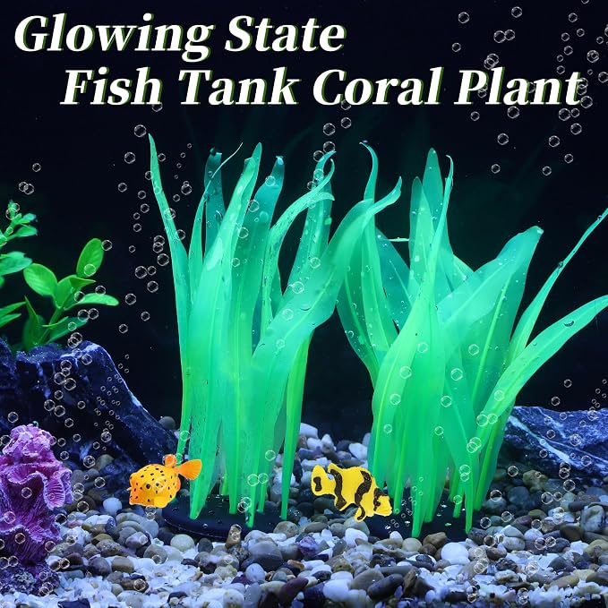 Aquarium Glowing Kelp Plant, Soft Silicone Glowing Decorations Green 2pcs