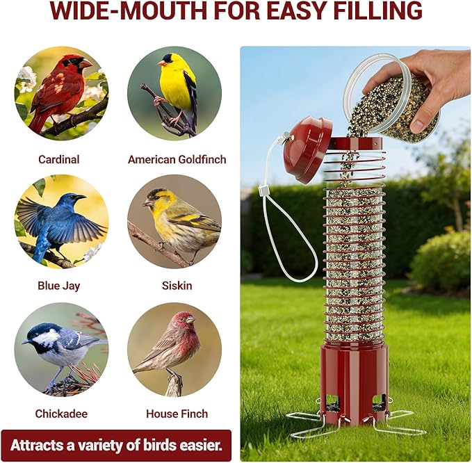 Squirrel Proof Bird Feeder, Metal Bird Feeders for Outdoors Hanging, 3.6LB Large Seeds Capacity for Wild Birds, Finch, Cardinal, Blue Jay, Chickadee, Red