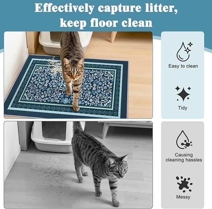 Bienbee Cat Litter Mat, 2PCS 33"x22" Machine Washable Litters Box Mats Non-Slip &Waterproof Cat Litters Trapping Mats Easy to Clean Mat for Litter Box Less Waste Protects Floors Navy Blue L