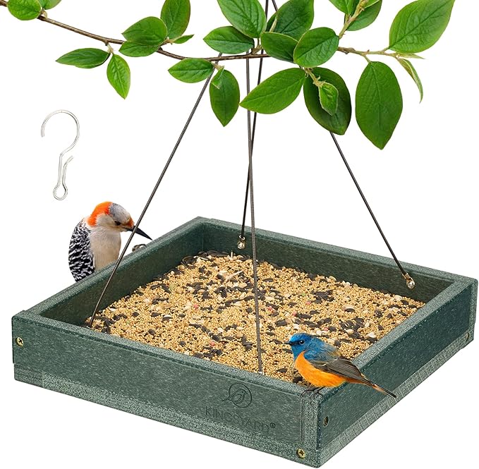 Kingsyard WPC Composite Platform Bird Feeder for Outside, Heavy Duty Hanging Tray for Mealworms & Seeds, 3.5 lbs Large Capacity, Weatherproof Recycled Plastic Material, Easy to Clean, Green