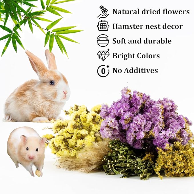 Sukh 42Pcs Herb Bedding Habitat Decor - Natural Flower Hamster Mate Herbs Sprays Cage Safe Pet Accessories Decorations Hideout for Hamsters Mouse Guinea Pig Dwarf Gerbils Syrian Mice