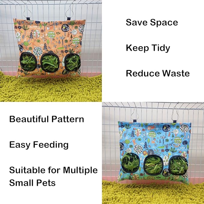 Rabbit Hay Feeder Bag, Guinea Pig Hay Feeder for Cage Small Animal Hanging Feeding Bags Rabbit Hay Dispenser Storage for Rabbits Guinea Pigs Bunnies Chinchillas (Orange,Light Blue, 3 Hole)