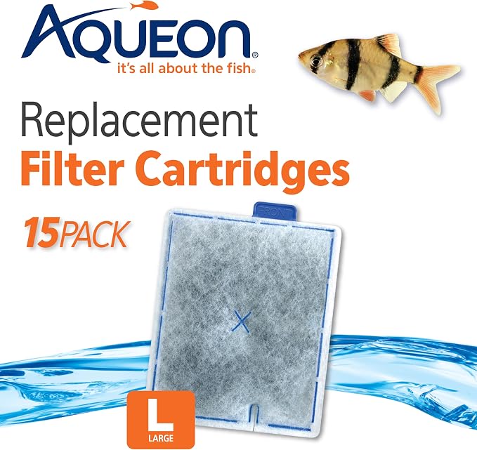 Aqueon Genuine Replacement Filter Cartridges for Filter Models 20, 30, 40, 50, and 75, and Canister Models 200, 300, and 400, Large, 15 Pack | Fish tank filter cartridge with activated carbon, rinse-install tab, change every 4 weeks, fits canister filt...