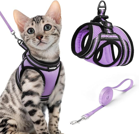 rabbitgoo Cat Harness and Leash Set for Walking Escape Proof, Adjustable Soft Kittens Vest with Reflective Strip for Cats, Comfortable Outdoor Vest, Light Purple, XL