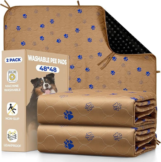 Fostanfly Washable Pee Pads for Dogs, 2 Pack 48"x48" Add 8 Lanyards, Brown | Machine Washable & Reusable, Strong Absorbency, Leak-proof & Waterproof, Non-Slip, Playpen, Add 8 Lanyards, Potty Training
