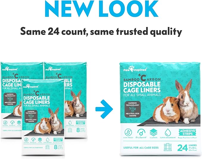 Paw Inspired Disposable Guinea Pig Cage Liners | Bamboo Charcoal Odor Controlling | Super Absorbent Liners Pee Pads for Ferrets, Rabbits, Hamsters, and Small Animals (28" x 17" (C&C 2 x 1), 24 Count)