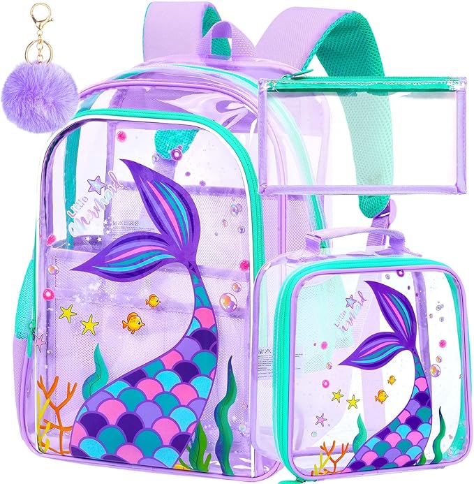 AGSDON 3PCS Mermaid Clear Backpack for Girls, 16" Transparent Bookbag Heavy Duty, Cute See Through Backpacks with Lunch Bag - Purple Mermaid