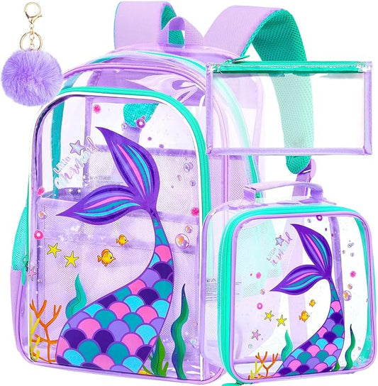 AGSDON 3PCS Mermaid Clear Backpack for Girls, 16" Transparent Bookbag Heavy Duty, Cute See Through Backpacks with Lunch Bag - Purple Mermaid