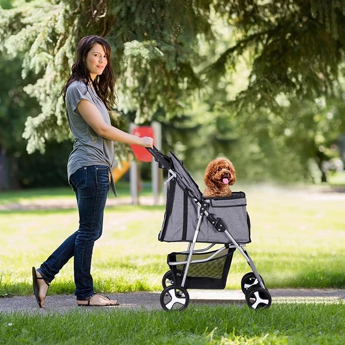 4 Wheels Dog Stroller Folding Pet Strolling Cart for Small Medium Cats Puppies Portable Jogger Travel Camping Puppy Carrier with Storage Basket Cup Holder, Gray