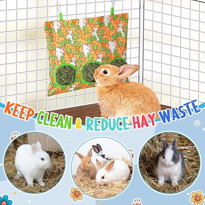 UPINS 2 Hay Bag for Rabbits 3-Hole Hanging Hay Feeder Guinea Pig Hay Bags, Hay Feeder for Rabbits Chinchillas Hamsters Small Pets and Animals