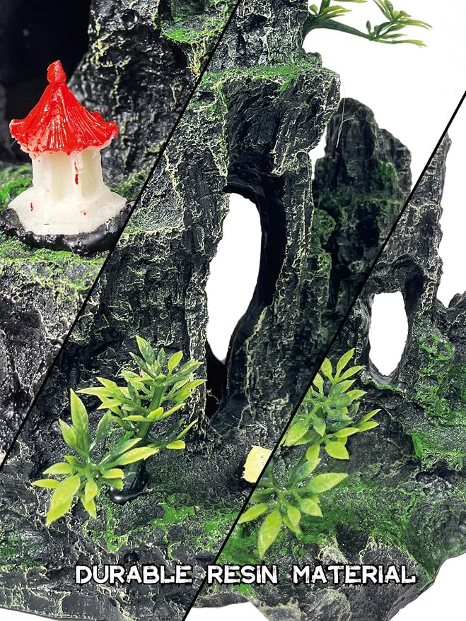 Aquarium Decor - Tall and Large Mountain Rock Ornament with Red Tower for Fish Tank,Aquarium Hideout with Rock Texture for Betta,Guppy,Shrimp-Safe Aquatic Decoration, Fish Hiding House