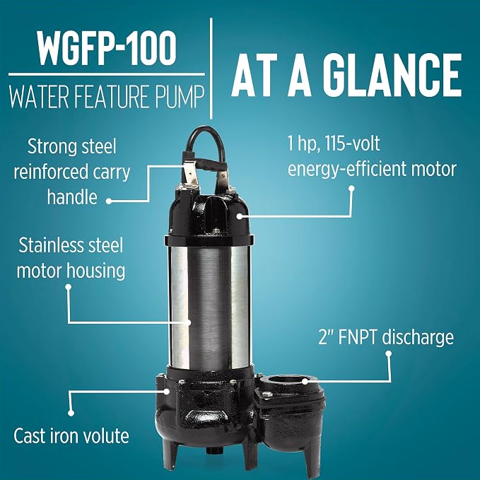 Little Giant WGFP-100, 115V, 1 HP, 6400 GPH Water Feature Pump, 19' cord | Stainless steel and cast iron body for powering water features, large fountains and pond filtration systems, 566070