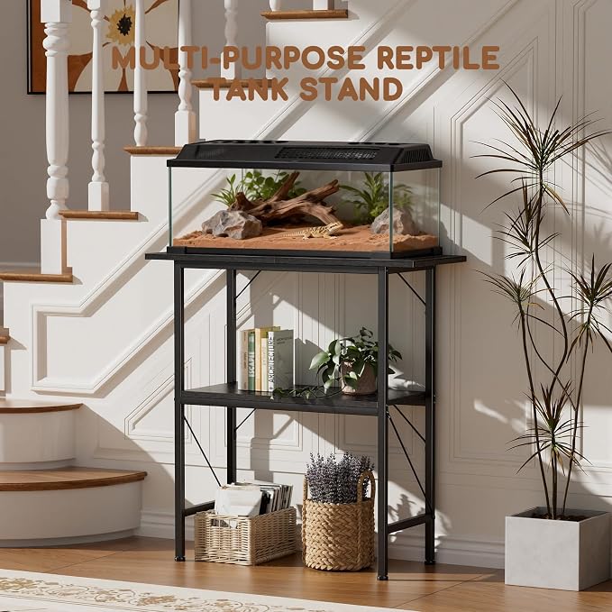 10-30 Gallon Fish Tank Stand with Storage Shelves, 2-Tier Aquarium Stand with Metal Frame, Heavy Duty Reptile Turtle Tank Stand for Home Office, 30" L x 11.8" W x 30.5" H, Black