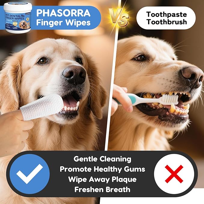 Dog & Cat Tooth Brushing kit - 60Ct Dog Toothbrush & Toothpaste Alternatives, Dental Care Wipes, Heavy Duty Teeth Cleaning, Remove Tartar & Plaque, Breath Freshener (Coconut)