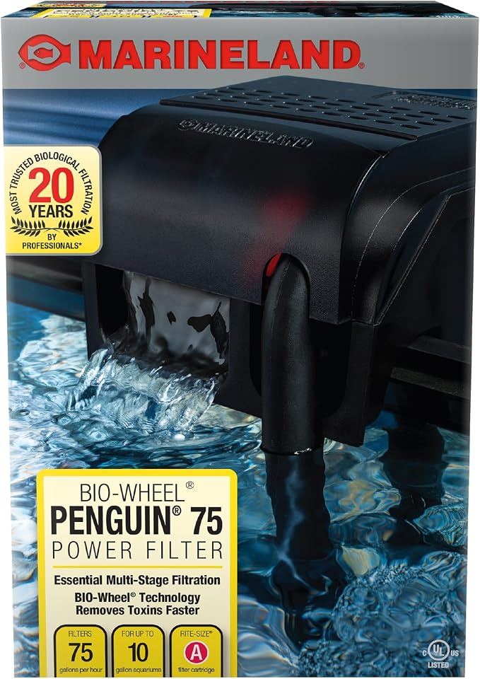 Marineland Bio-Wheel Penguin 75 GPH Power Aquarium Filter, Ultra-Quiet Hang-On-Back Fish Tank Filter with Multi-Stage Filtration for Aquariums Up to 10 Gallons