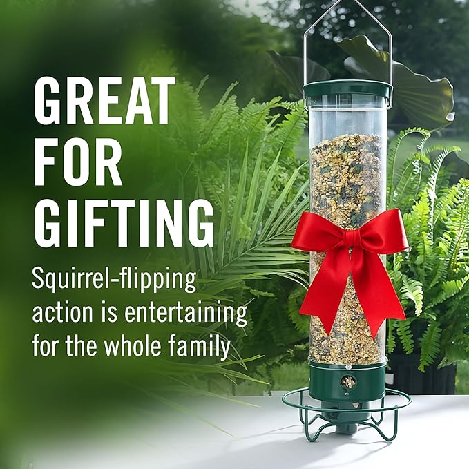 Droll Yankees Squirrel Proof Bird Feeder for Outdoors – Rechargeable Weight-Activated Rotating Perch, 5lb Seed Capacity, Metal Base, UV-Stabilized Seed Tube, Hanging Green Yankee Flipper, YF-M