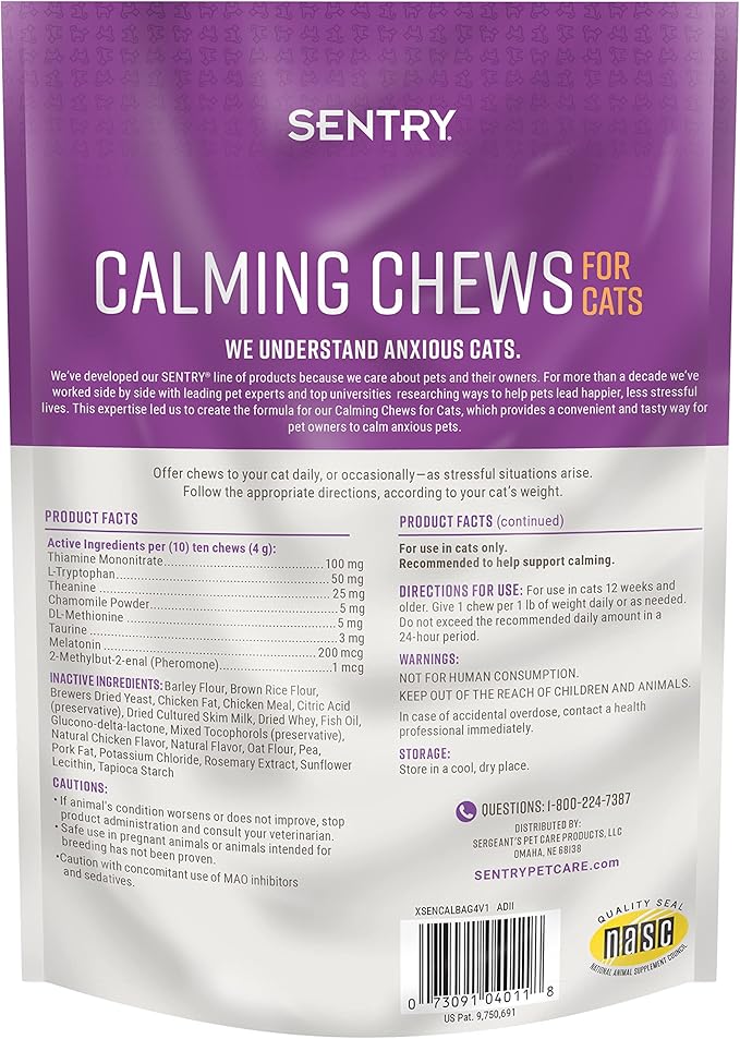 Sentry Calming Chews for Cats, Calming Aid Helps to Manage Stress, With Pheromones That May Help Curb Destructive Behavior, Calming Health Supplement for Cats, 4 oz.