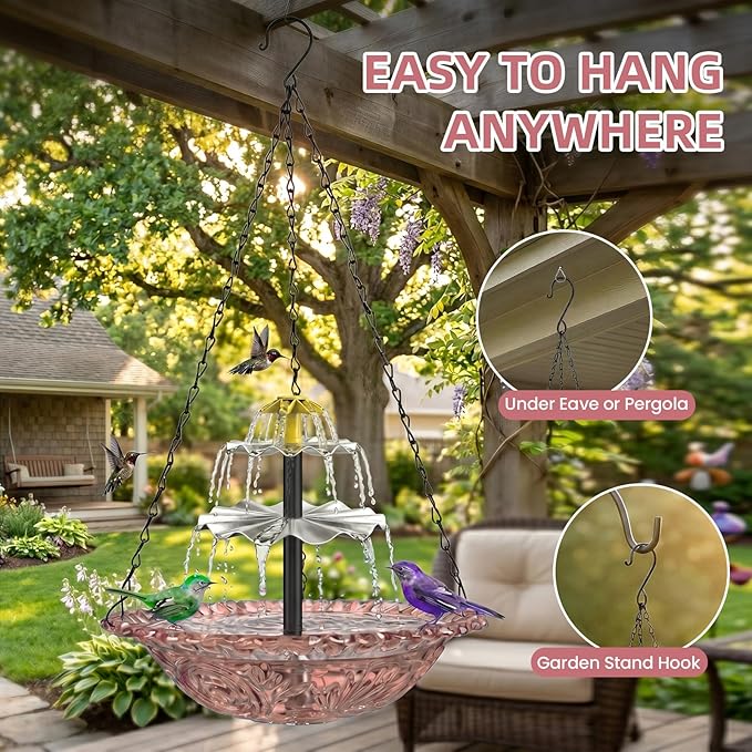 Solar Fountain for Bird Bath, Hanging Cascade Water Feature for Outdoor Garden & Yard Decor, Creates a Relaxing Flow that Attracts Birds (Pink(XL))