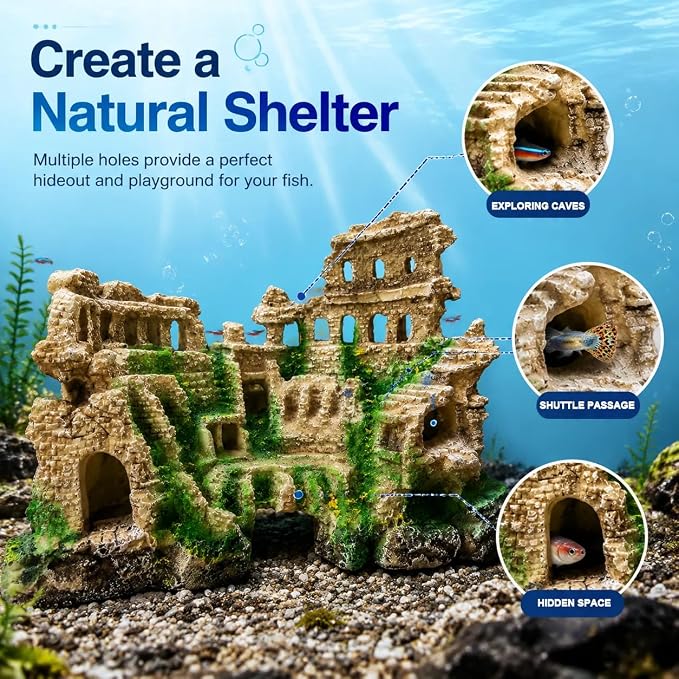 Antique Roman Column Ruins Aquarium Decor, Greek Aquarium Decorations, European Castle&Underground Roman Column Fish Tank Cave, Large Rock Cave Hideout, Safe for Freshwater & Saltwater Tanks