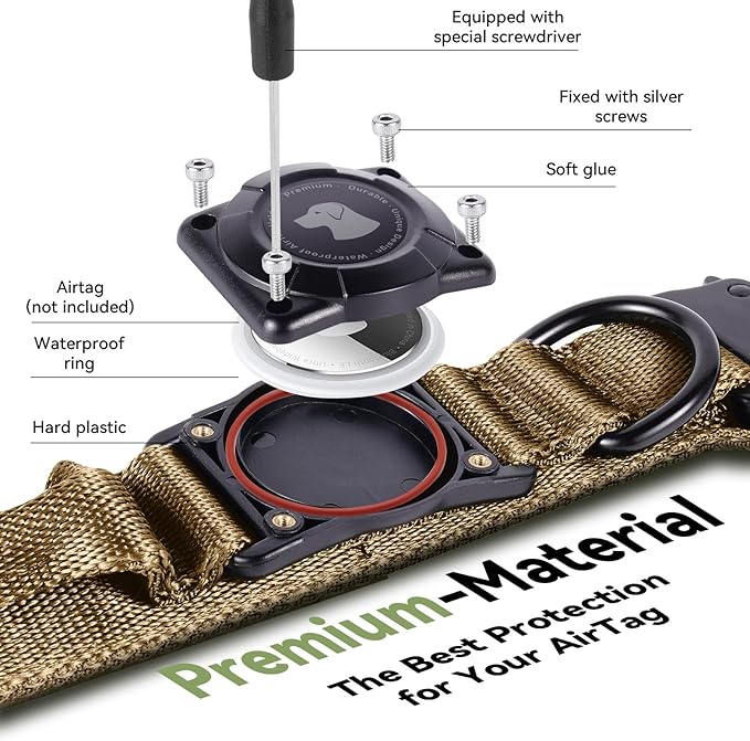 2026 Upgrade Waterproof AirTag Dog Collar, Military Tactical Dog Collar with AirTag Holder, Comfortable Control Handle and Metal Buckle, GPS Dog Collar Holder for Medium to Large Dogs (Khaki,L)
