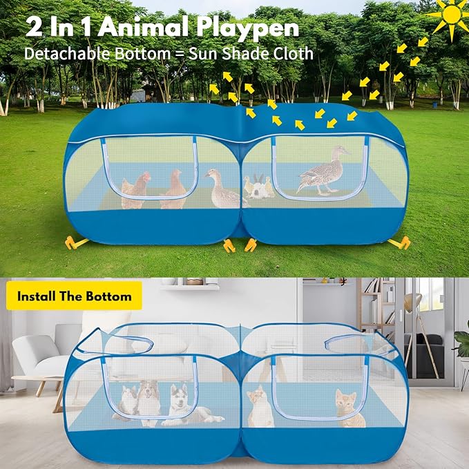 Small Animals Playpen with Detachable Bottom, Breathable Mesh Walls, Portable Indoor/Outdoor Pet Cage Tent for Rabbits, Puppies, Kittens, Chicks (Blue)