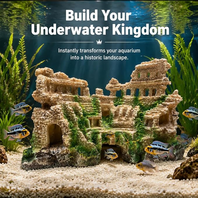 Antique Roman Column Ruins Aquarium Decor, Greek Aquarium Decorations, European Castle&Underground Roman Column Fish Tank Cave, Large Rock Cave Hideout, Safe for Freshwater & Saltwater Tanks