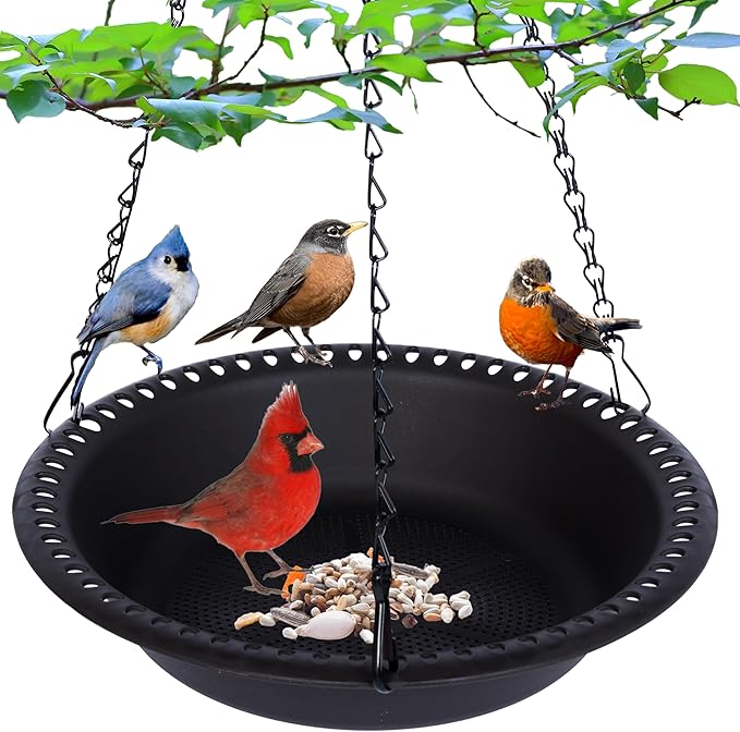 Hanging Bird Feeder Tray with Drainage Holes Fit Most Seed for Outside, Feeding Station (12 inch, Black)