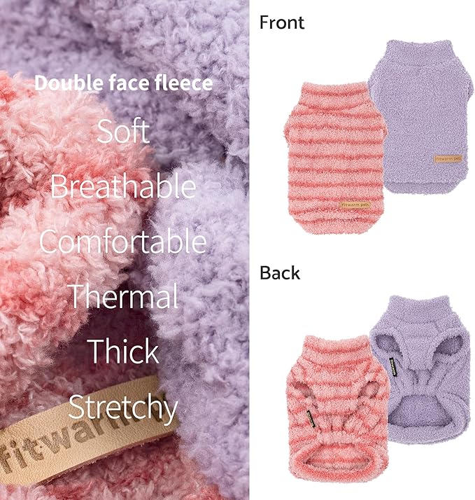 Fitwarm 2 Pack Striped Fleece Dog Sweater, Warm Winter Clothes for Small Dogs Boy Girl, Fuzzy Pet Outfit, Pink, Lavender Purple, XXL