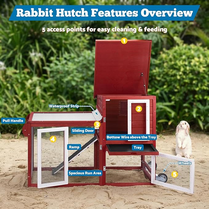 Rabbit Hutch Indoor Outdoor Bunny Cage, Weather Resistant Openable Roof, Slide Out Tray, Handle & Rolling Wheels, Chicken Coop, 48.05" L x 26.02" W x 34.3" H, Red