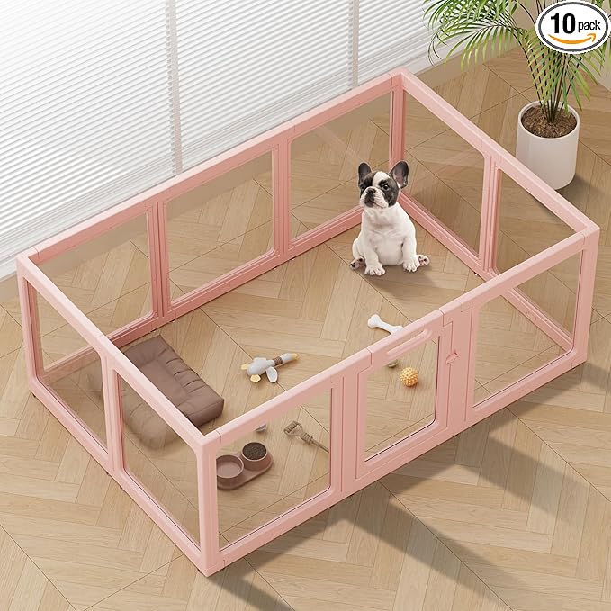 Clear Acrylic Dog Playpen Indoor, Puppy Cat Small Pet Play Pen, Pet Cat Playpen for Rabbits, Dog Fence Crate Kennel Whelping Cage (Pink, 10 Panel)