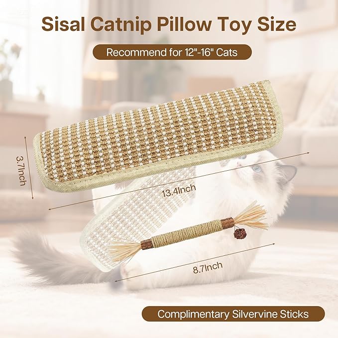 2 Pack 13.4 inch Sisal Pillow Catnip Toy for Cats with Silvervine Sticks, Cat Toys with A+ Organic Catnip Interactive Kicker Toy Scratch-Resistant Safe Chew Toy Teeth Cleaning for Indoor
