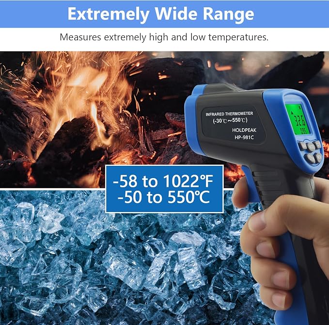 HOLDPEAK 981C Digital Laser Infrared Thermometer Non Contact, IR Heat Temperature Gun Instant-Read -58 to 1022℉ (-50 to 550℃) for Cooking, Grill, Pizza Oven, Griddle, Engine, HVAC, Not for Human