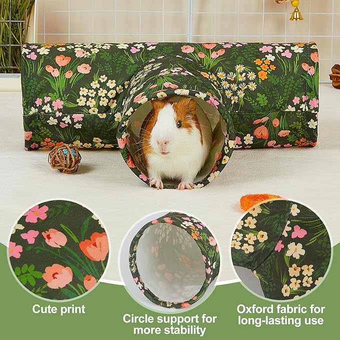 Bienbee Guinea Pig Tunnel, 3 Way Washable Guinea Pig Hideout,Foldable Rabbit Tunnel Guinea Pigs Toys for Bunny Hamster Chinchilla Ferret Rabbit Guinea Pigs Accessories Green Flower