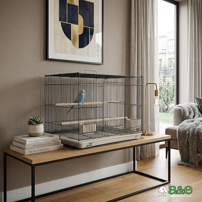 A&E Cage Co 503 Flight Cage – 24"x16"x16" Small Bird Cage with Slide-Out Tray, Wood Perch, Dual Feeding Stations & Carry Handle – Black Powder Coated Cage for Finches, Canaries & Small Birds