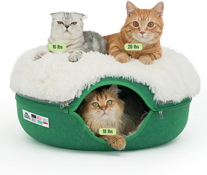 CATTASAURUS Peekaboo Cat Cave for Multiple & Large Cats Up to 30-45 Lbs, Fluffy Cat Beds & Furniture, Scratch Detachable & Washable Tunnel Bed, Comfy Donut Bed (Forest Green, Large (Calming))