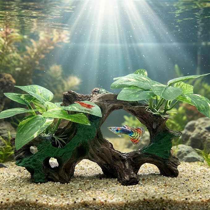 Aquarium Decor Cave with Silk Plants Fish Tank Decorations Ornament Small Aquarium Plants for Betta Goldfish Bowl Artificial Driftwood