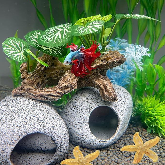 Star-Fish Silk Leaf pad Hammock Artifical Driftwood cave Fish Tank Decorations, Aquarium Decor Driftwood cave x 1pc, Fish Tank Accessories Starfish x 2pcs