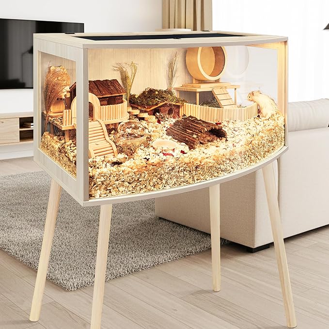 Prolee Hamster Cage with Curved Design,Chew Proof Wooden Hamsters Enclosure with Leg Stand and Openable Top or Gerbils,Hamster Habitat (24"x16"x16")