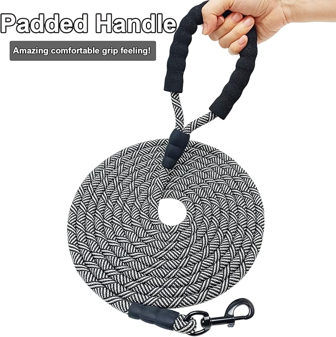 MayPaw Heavy Duty Rope Dog Leash, 3/4/5/6/7/8/10/12/15/20/30 FT Long Dog Lead Nylon Pet Leash, Soft Padded Handle Thick Lead Training Leashes for Large Medium Dogs (15ft * 1/2", Black)
