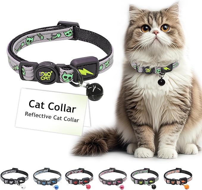 DOCO Cat Collar Breakaway Safety Buckle with Bell | Reflective Lime Adjustable Nylon Collar for Kittens & Adult Cats | Comfortable & Safe for Girls & Boys | Neck 3/8" x 7.5-12", Up to 13lb