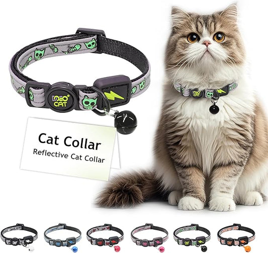 DOCO Cat Collar Breakaway Safety Buckle with Bell | Reflective Lime Adjustable Nylon Collar for Kittens & Adult Cats | Comfortable & Safe for Girls & Boys | Neck 3/8" x 7.5-12", Up to 13lb