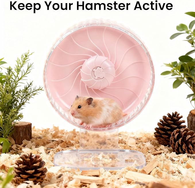 Silent Hamster Wheel, 8in Hamster Wheel with Adjustable Stand, Double-Bearing Quiet Spinner for Syrian Hamsters, Hedgehogs, Mice & Small Pets, Pink